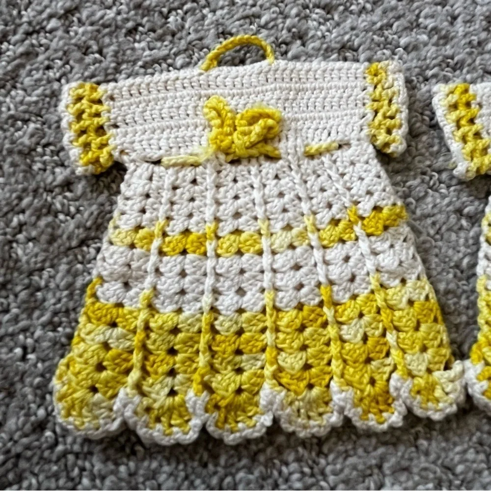 Hand Crocheted Doll Dress Hanging Pot Holders Yellow White Hanging Vintage 2x